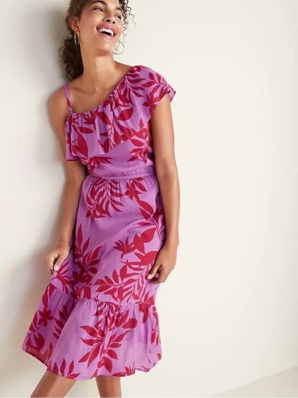 Old Navy Tropical Palm Purple Ruffle Midi Dress, 1x